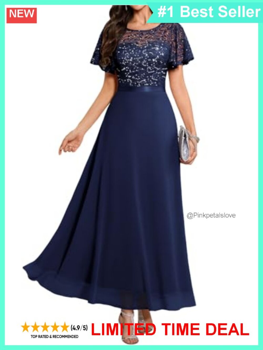 Sequin Lace Formal Dress Butterfly Short Sleeve Empire Waist Floor Length